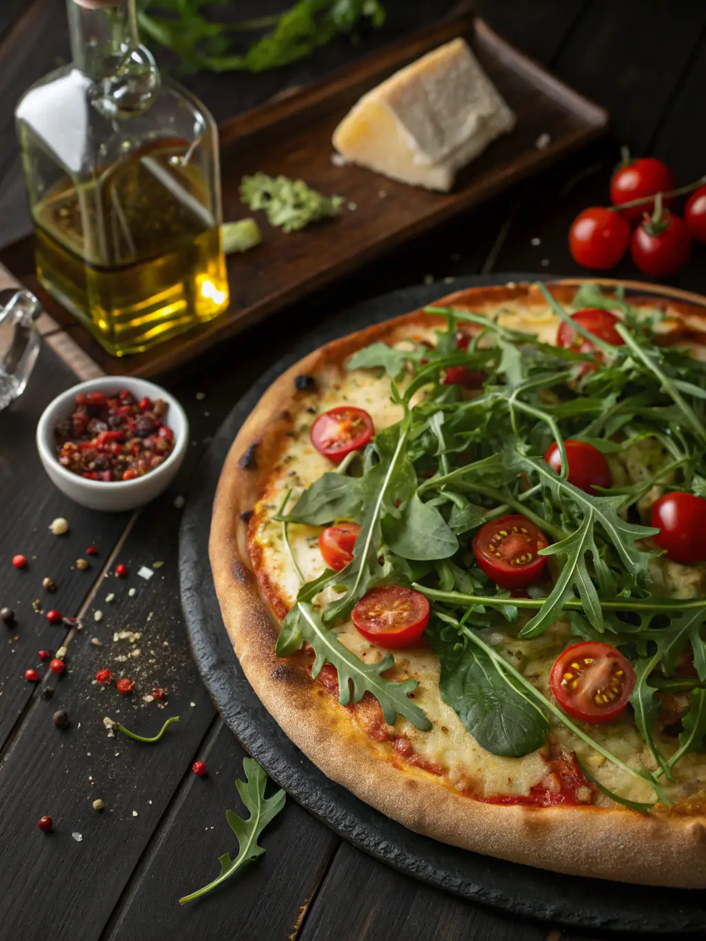 A close-up of a gourmet pizza with artisanal toppings like prosciutto, arugula, goat cheese, and a balsamic glaze drizzle, highlighting the fresh ingredients.