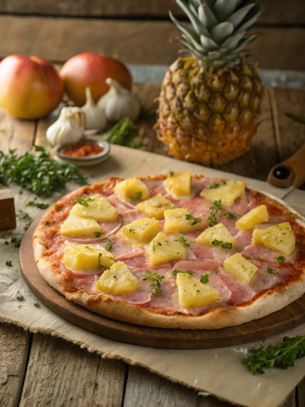A colorful image of a Hawaiian pizza with ham and pineapple chunks, showcasing the sweet and savory combination on a golden-brown crust.
