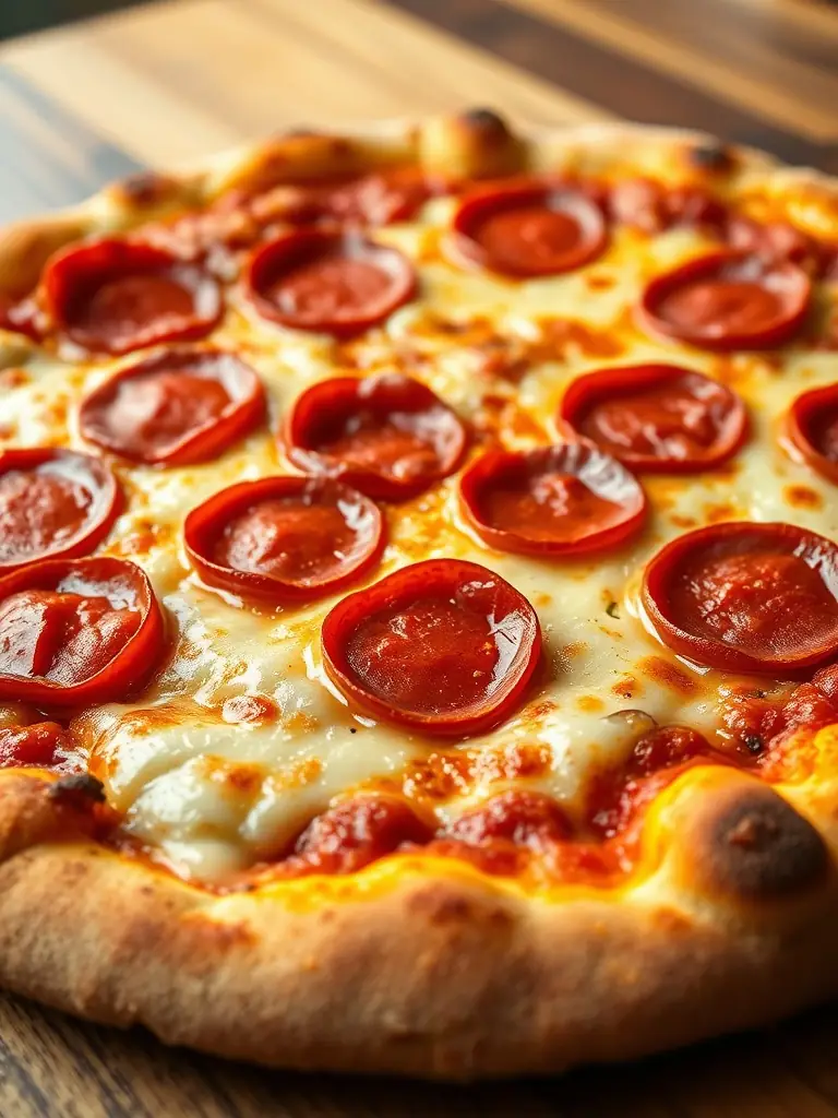 A vibrant, overhead shot of a classic pepperoni pizza with a crispy crust, melted cheese, and evenly spaced pepperoni slices, presented on a wooden pizza peel.