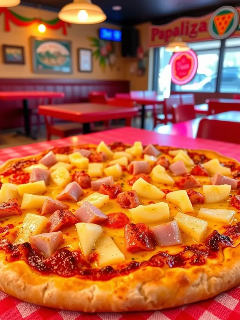 A mouth-watering image of a 'Hawaiian' pizza from Pizza 73, highlighting the combination of sweet pineapple chunks, savory ham, and melted cheese on a crispy crust, presented on a checkered tablecloth.