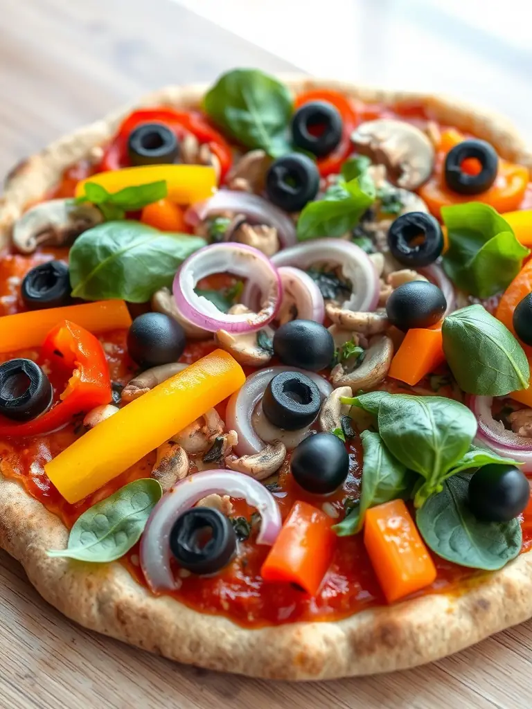 A visually appealing image of a vegetarian pizza loaded with fresh vegetables like bell peppers, mushrooms, onions, olives, and tomatoes on a whole wheat crust.