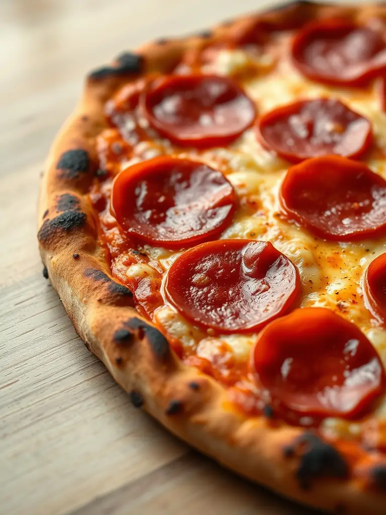 A vibrant, close-up shot of a 'Pepperoni Classic' pizza from Pizza 73, showcasing the perfectly melted cheese and evenly distributed pepperoni slices on a golden-brown crust, placed on a wooden pizza peel.