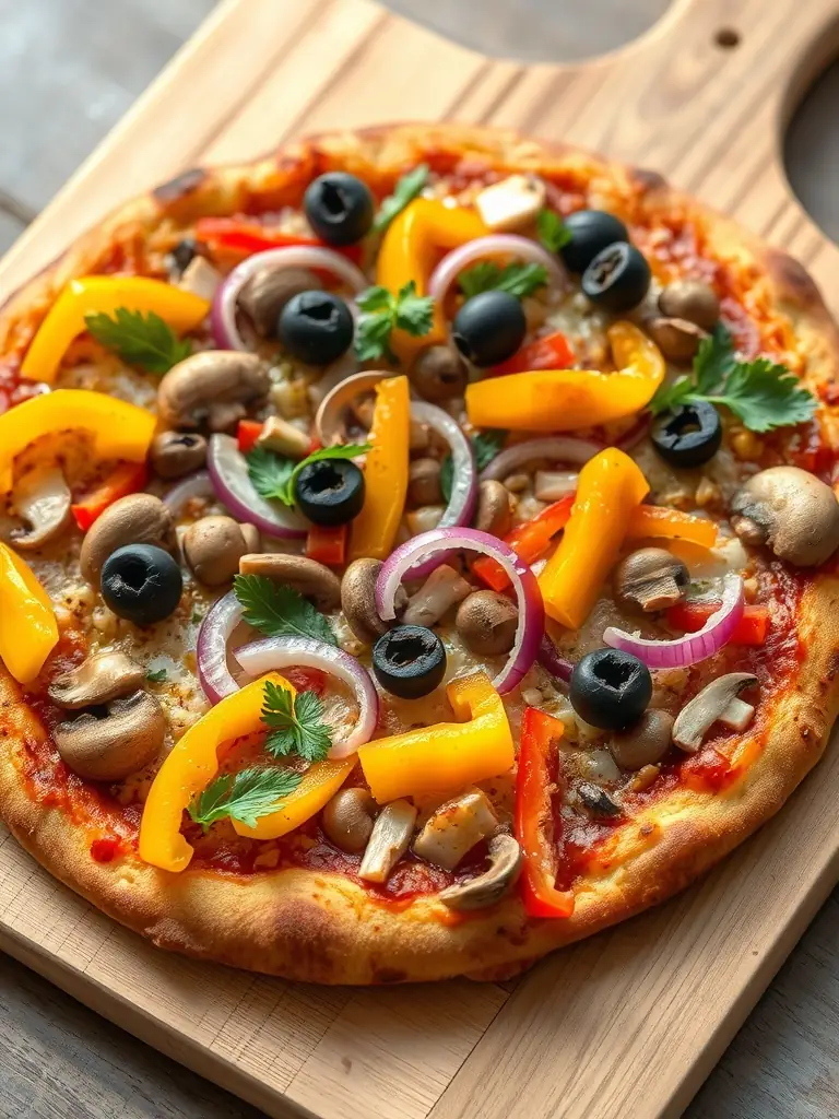 A visually appealing image of a 'Vegetarian' pizza from Pizza 73, showcasing a colorful array of fresh vegetables like bell peppers, onions, mushrooms, and olives, topped with melted cheese, served on a white ceramic plate.