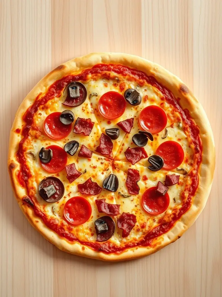An appetizing photo of a 'Meat Lovers' pizza from Pizza 73, loaded with various meat toppings such as sausage, bacon, and ground beef, covered in melted cheese, displayed on a metal pizza pan.