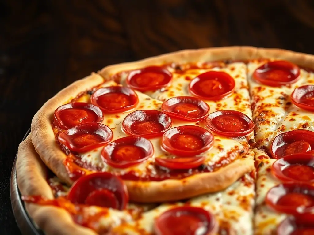 A vibrant, close-up shot of a Pizza 73 pepperoni pizza with melted cheese and fresh toppings, showcasing its deliciousness and quality ingredients. The pizza is cut into slices, ready to be served.