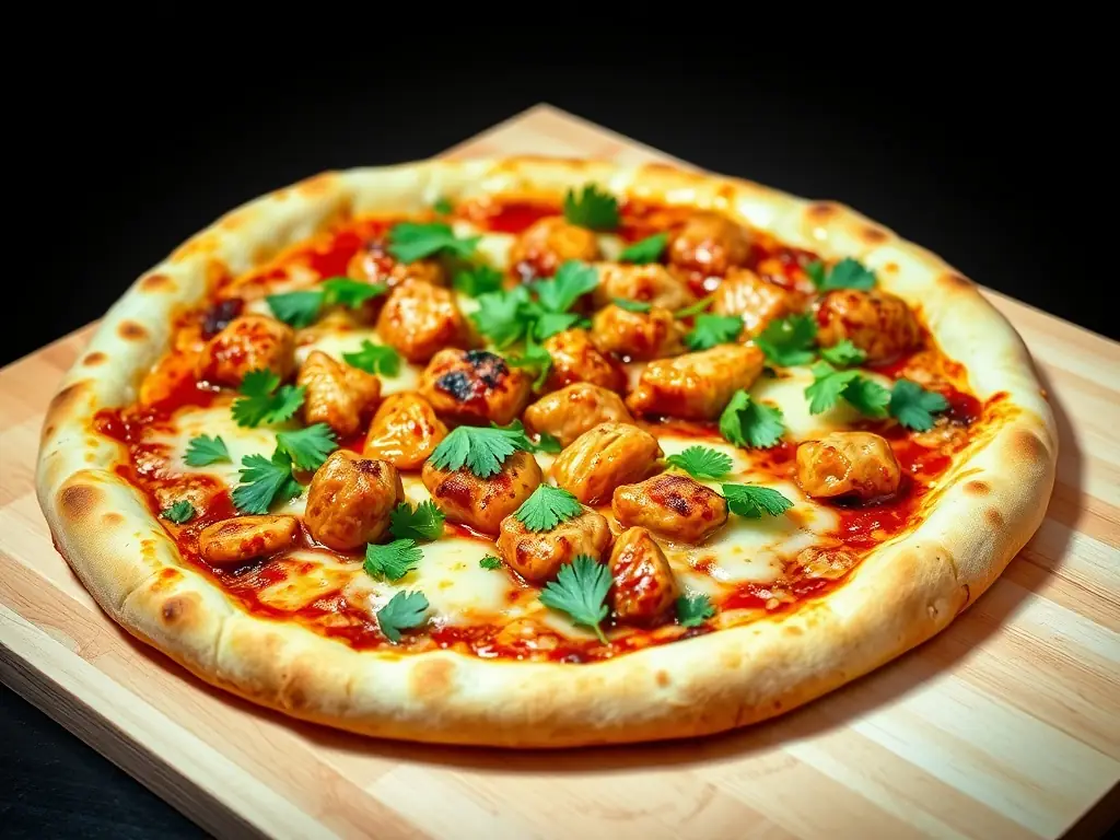 A mouthwatering image of a Pizza 73 specialty pizza, such as a BBQ chicken or Hawaiian pizza, showcasing its unique toppings and flavor combinations.